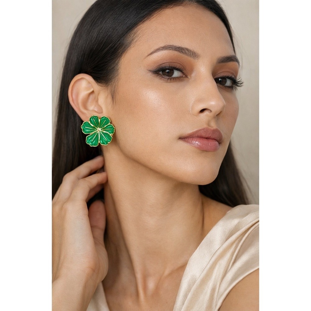 Green Flower Statement Earrings Gold‎ Tone Stainless Steel Floral Stud Earrings